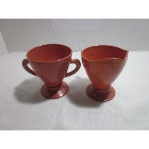 Hazel Atlas Ovide Rust Cream and Sugar Set  Platonite Glass Mid Century Modern